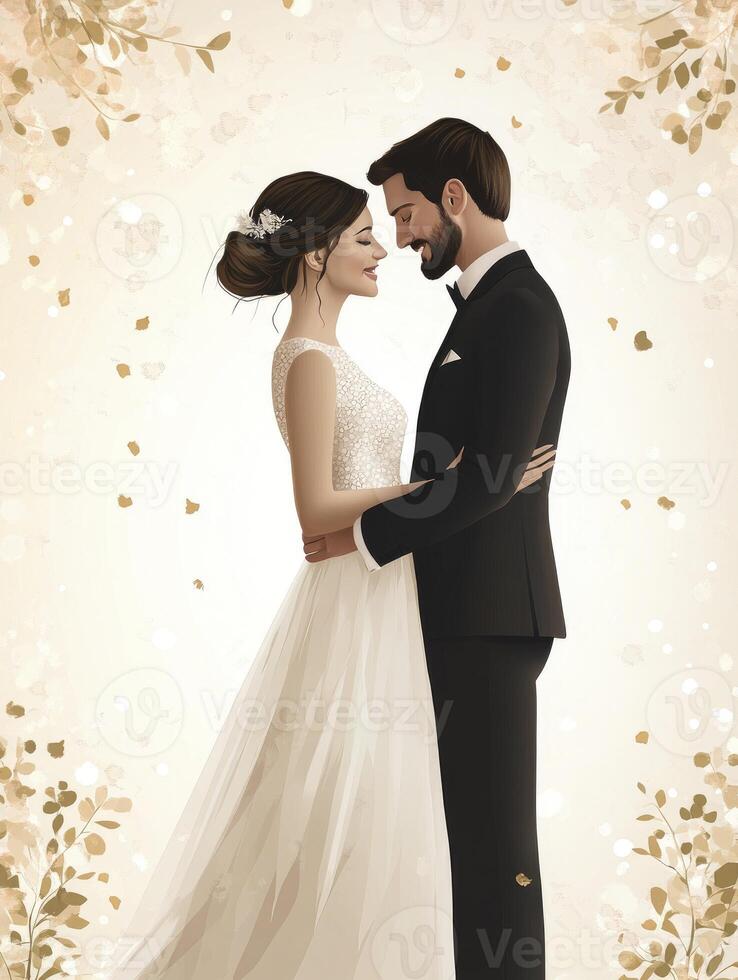 Embracing Wedding Couple in Elegant Attire with Floral Background Illustration photo