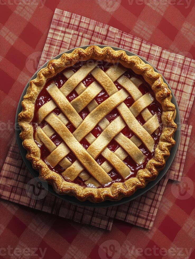 Delicious Cherry Pie with Lattice Crust on Red Checkered Tablecloth photo