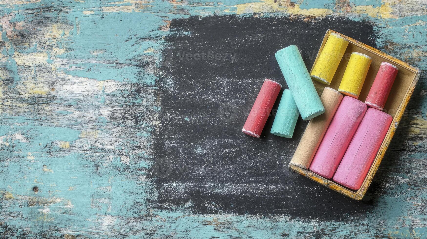 Colorful Chalks on Blackboard with Rustic Wood Texture and Empty Space photo