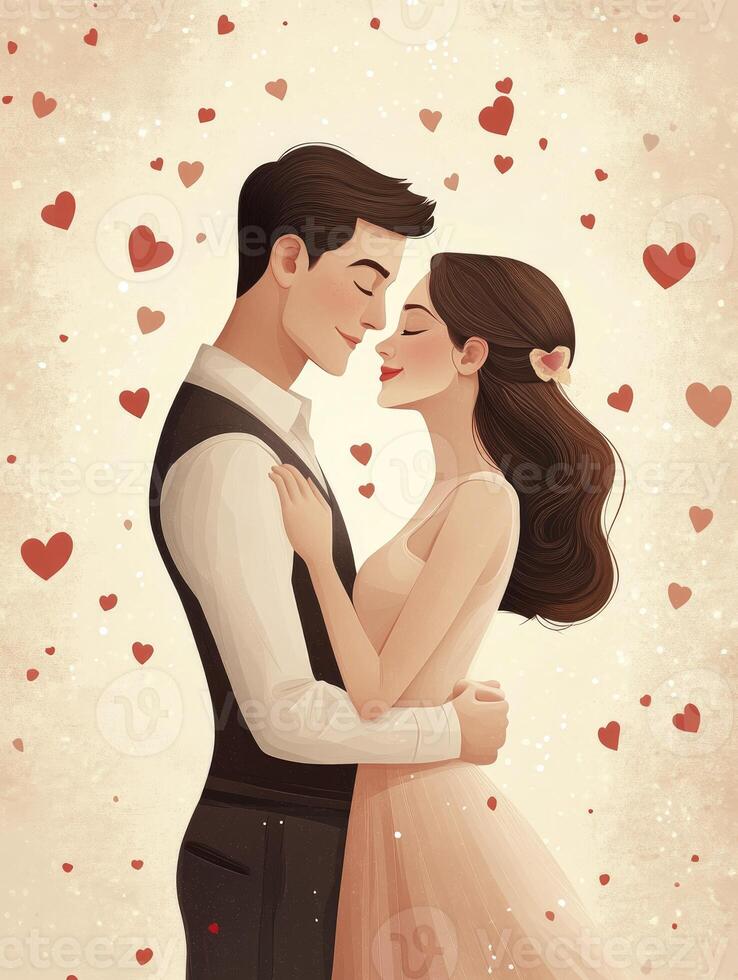 Couple Embracing Surrounded by Hearts Illustration Perfect for Valentine's Day photo
