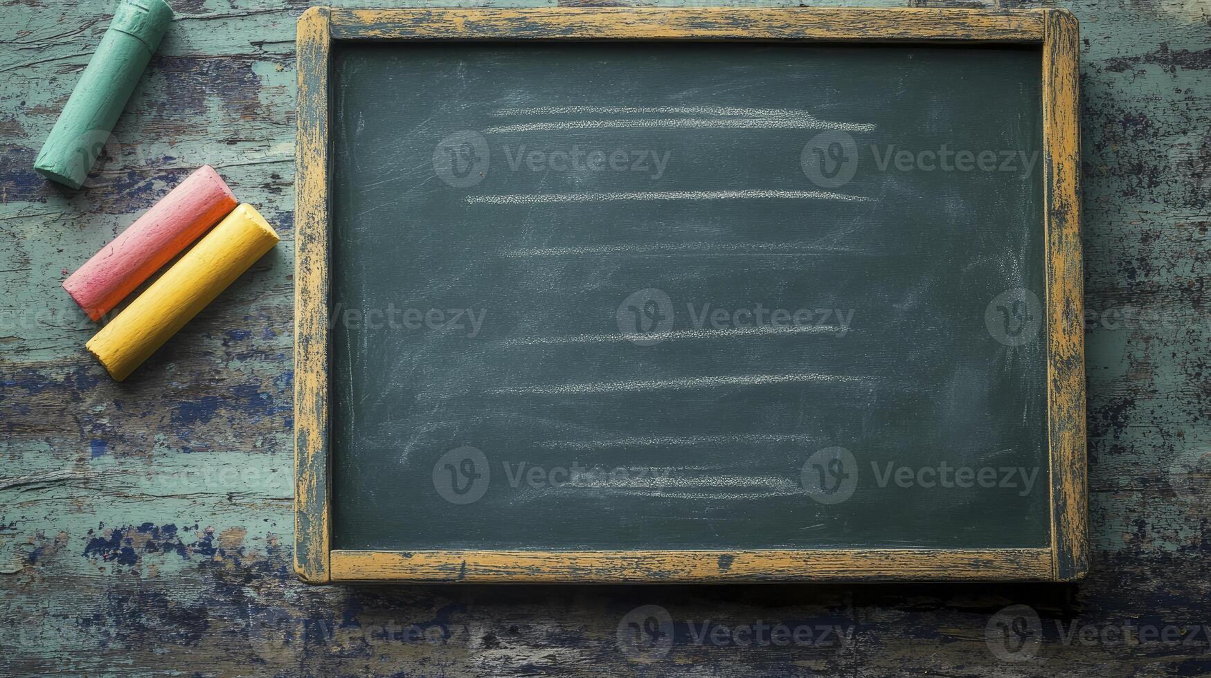 Chalkboard with Chalk Pieces on a Rustic Wooden Surface Top View photo