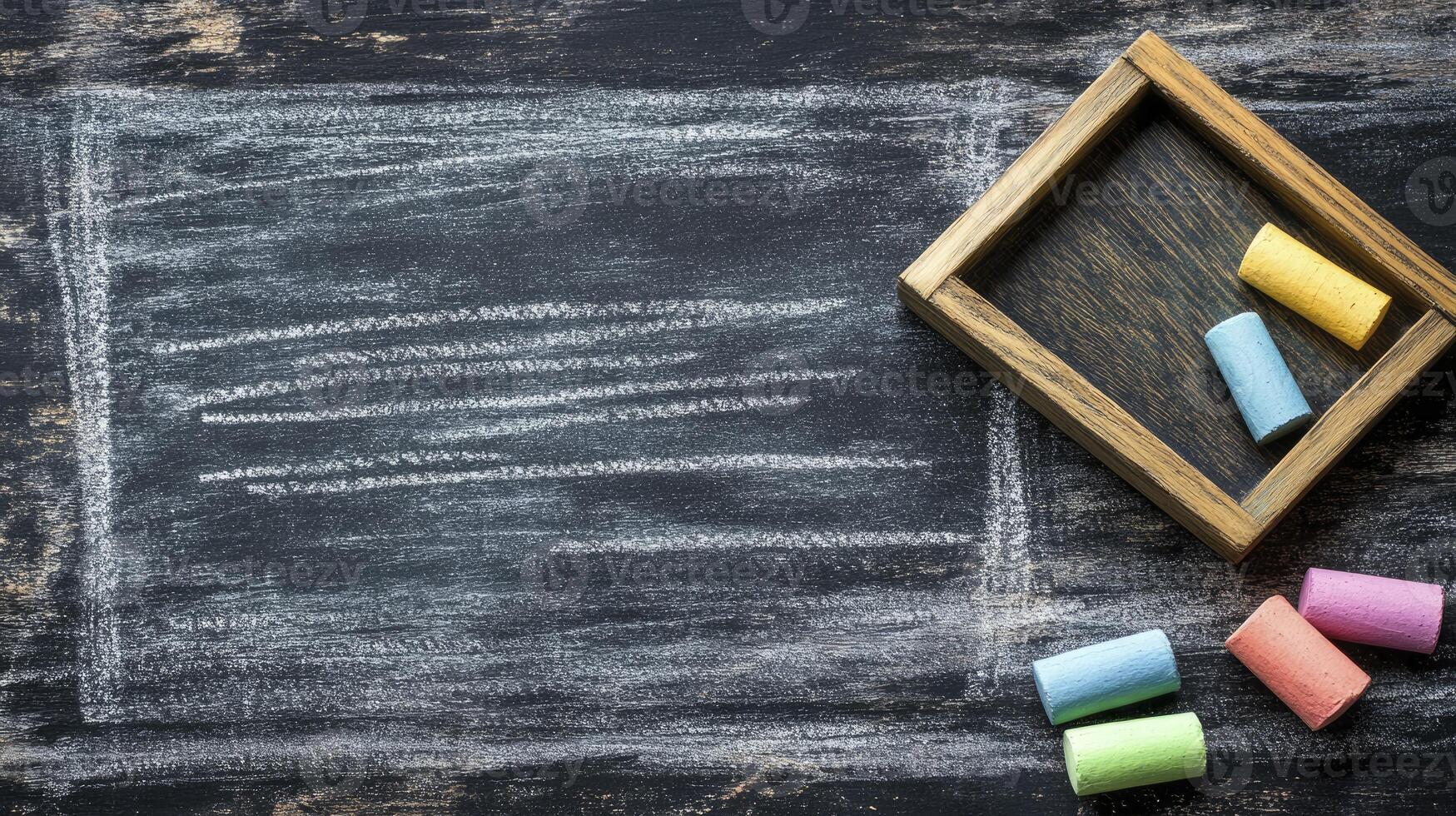 Chalkboard with Chalk Frame and Colored Chalk Pieces, Back to School photo