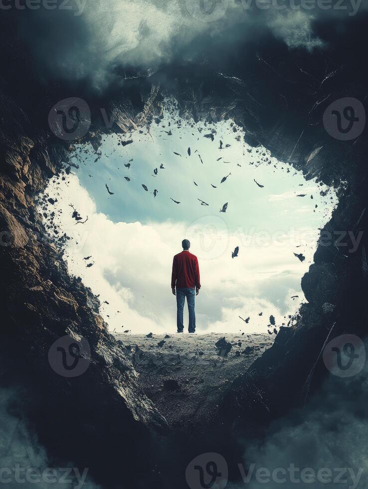 Man Standing on Edge Looking at Sky with Falling Debris photo