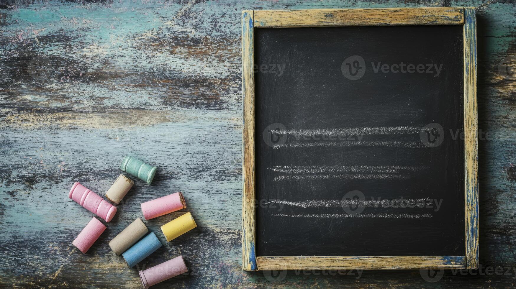 Chalkboard with Chalk on Rustic Wood Surface Ready for Text photo