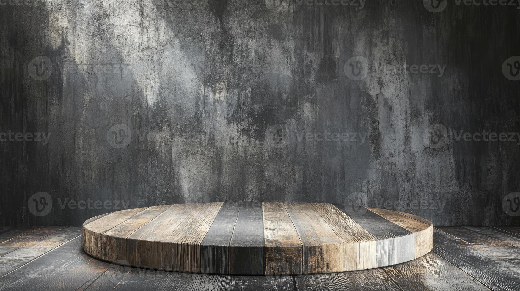 Wooden Round Podium Against a Dark Textured Wall Display Background photo