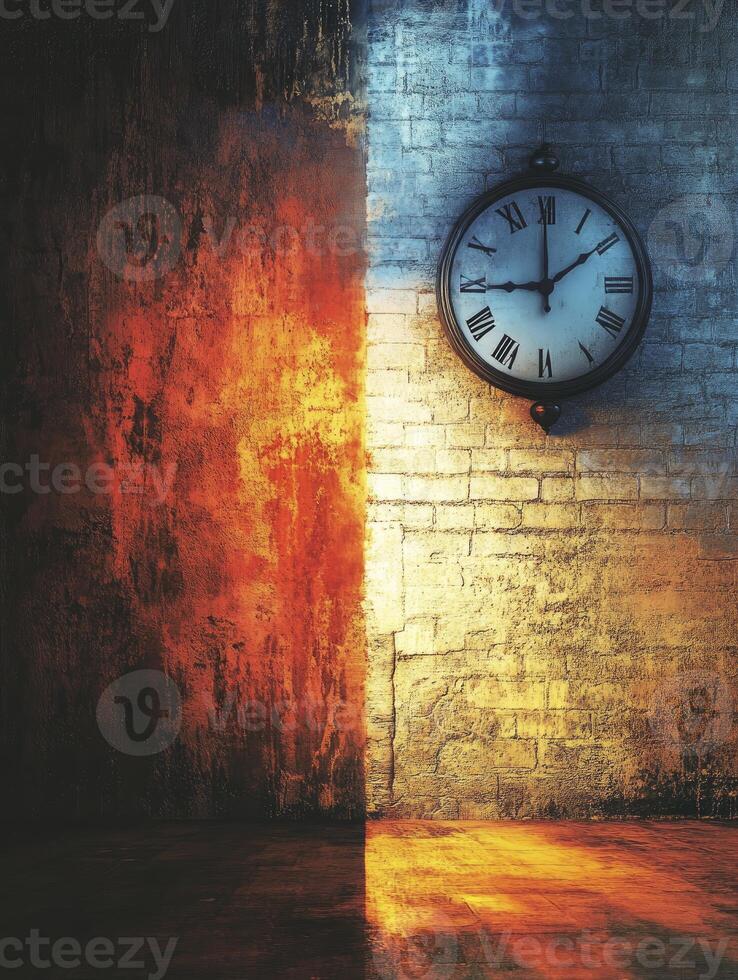 Clock on Brick Wall with Contrasting Light, Showing Vintage Time photo