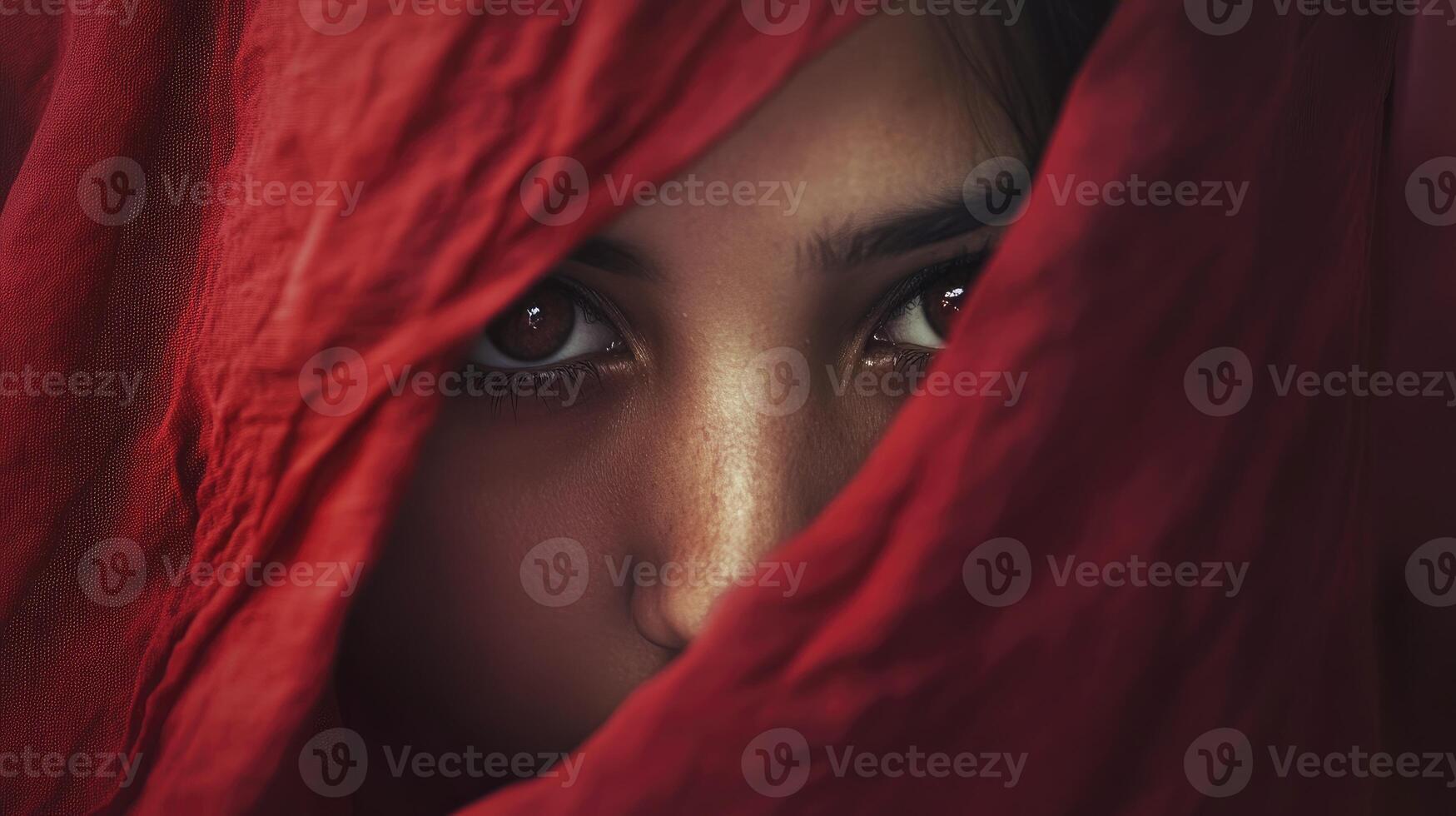 Intense Gaze of Woman Framed by Flowing Red Fabric Creates Mystery photo