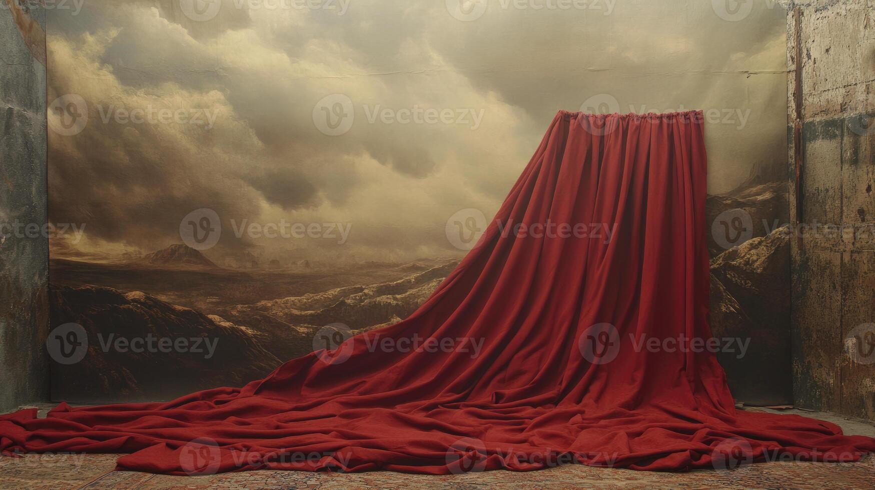 Red Curtain Drape Over Stormy Painted Backdrop in a Studio Setting photo