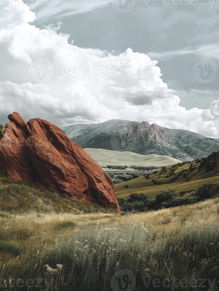 Red Rock Formation in Green Valley with Cloudy Sky Landscape photo