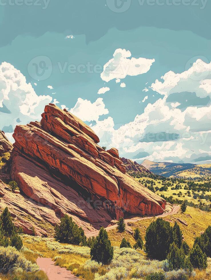 Scenic Red Rocks Formation Under Cloudy Sky with Green Landscape photo