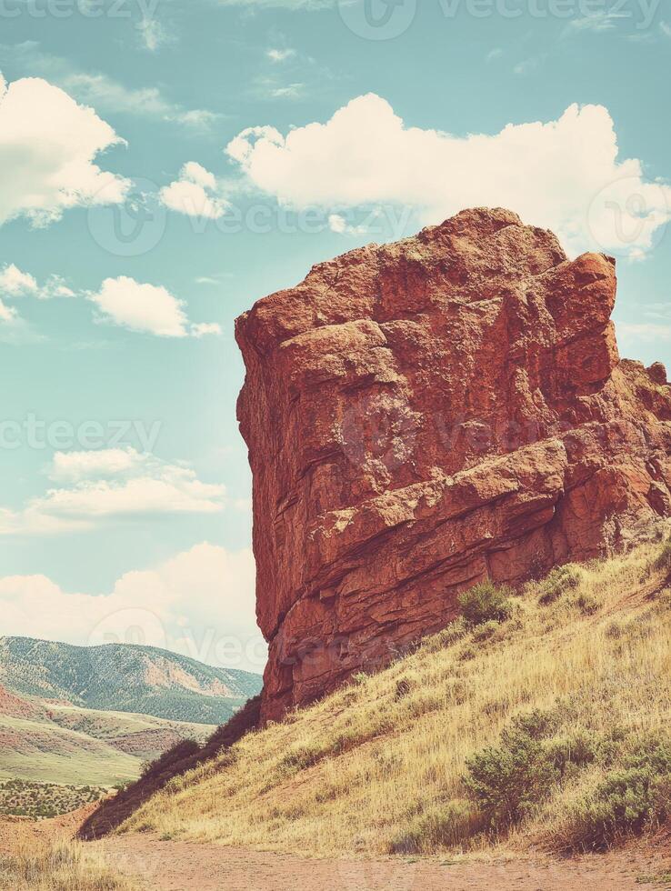 Hiking Trail Leading to Red Rock Formation Against Blue Sky with Clouds photo