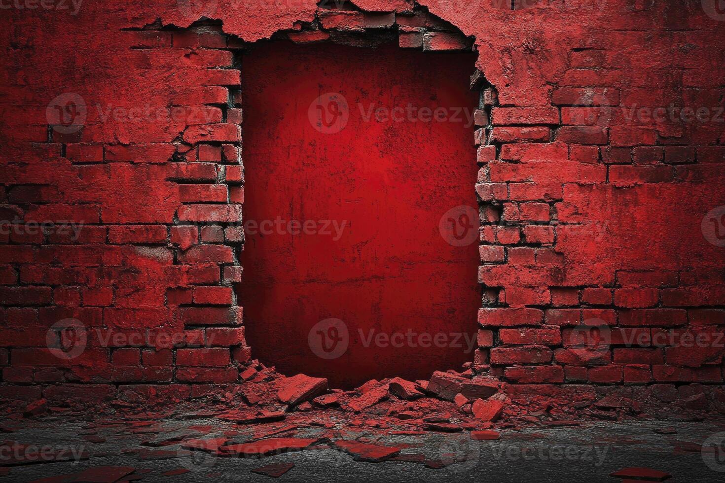 Broken Red Brick Wall with Hole Leading to Red Background photo