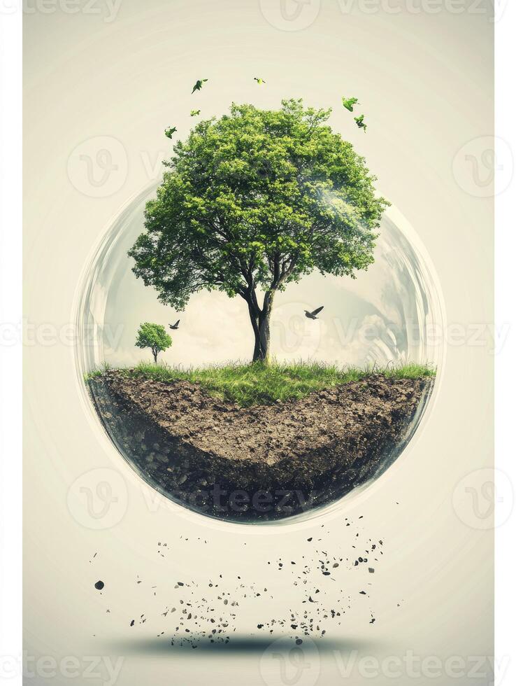 Tree Surrounded in Sphere with Flying Birds and Soil Particles Below photo
