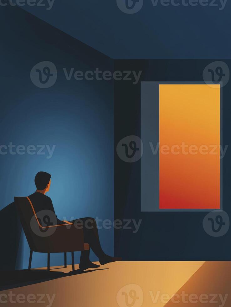 Man Sitting in Armchair Watching Light From Window in Dark Room photo