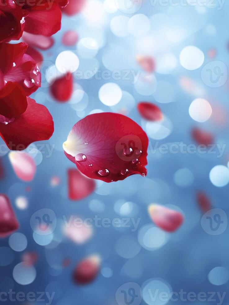 Falling Rose Petals with Water Droplets on a Blue Bokeh Background photo