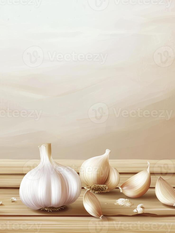 Garlic Still Life Illustration on Wooden Table for Culinary Themes photo
