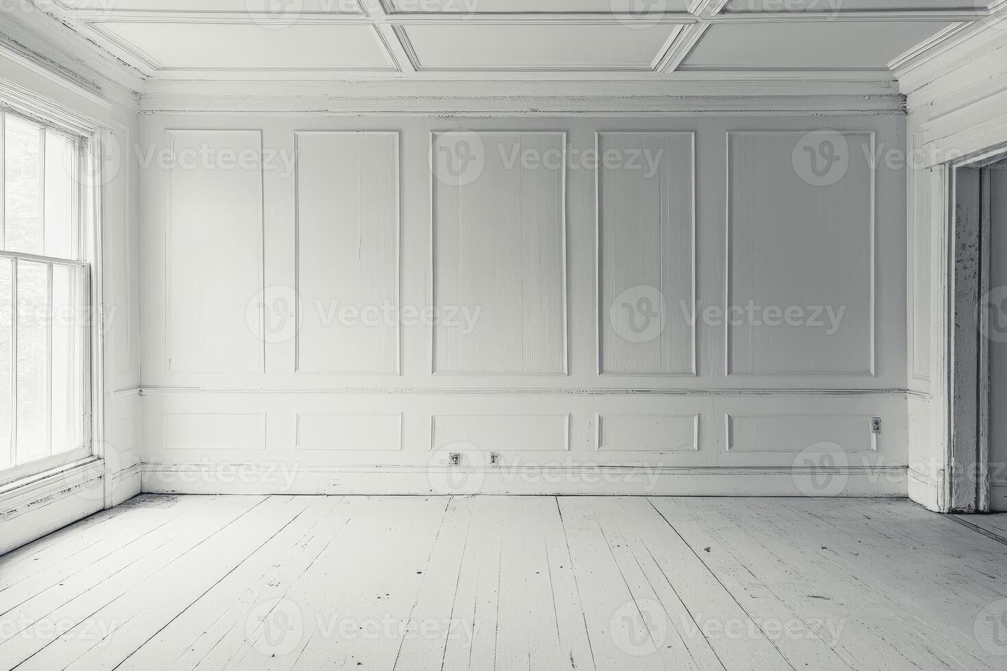 Empty Room with White Walls Window and Wood Floor Ready for Decor photo