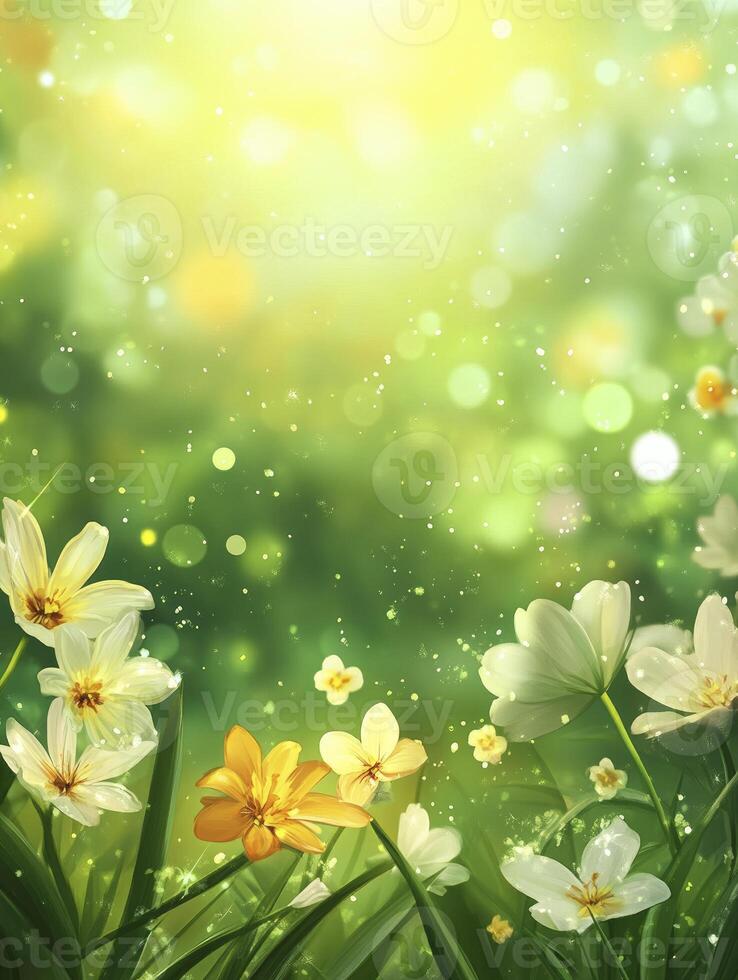 Flowers Blooming in Lush Green Meadow with Sunlight and Bokeh photo