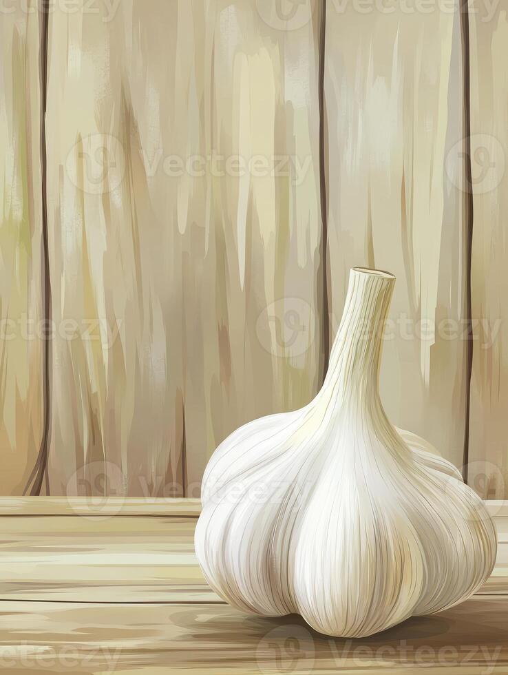 Garlic Bulb Still Life on Wooden Table Culinary Illustration photo