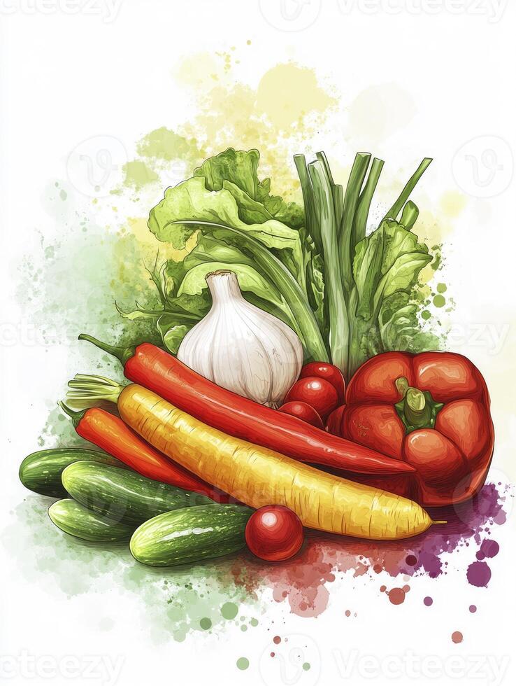 Fresh Vegetables Still Life Painting with Carrot Cucumber and Pepper photo