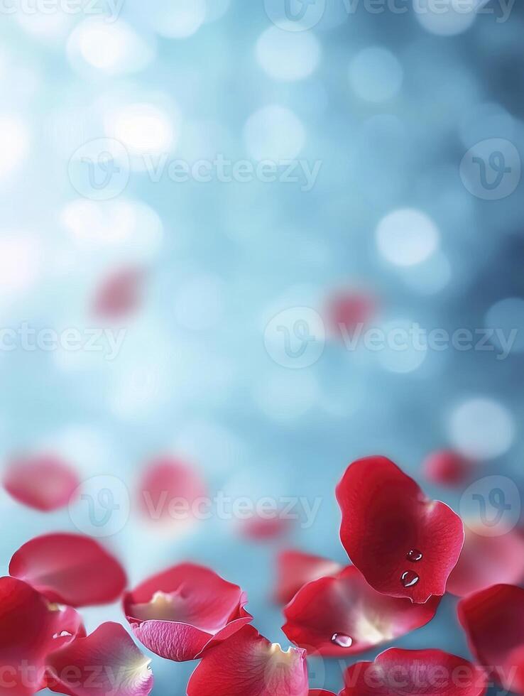 Falling Red Rose Petals with Water Droplets on a Bokeh Background photo