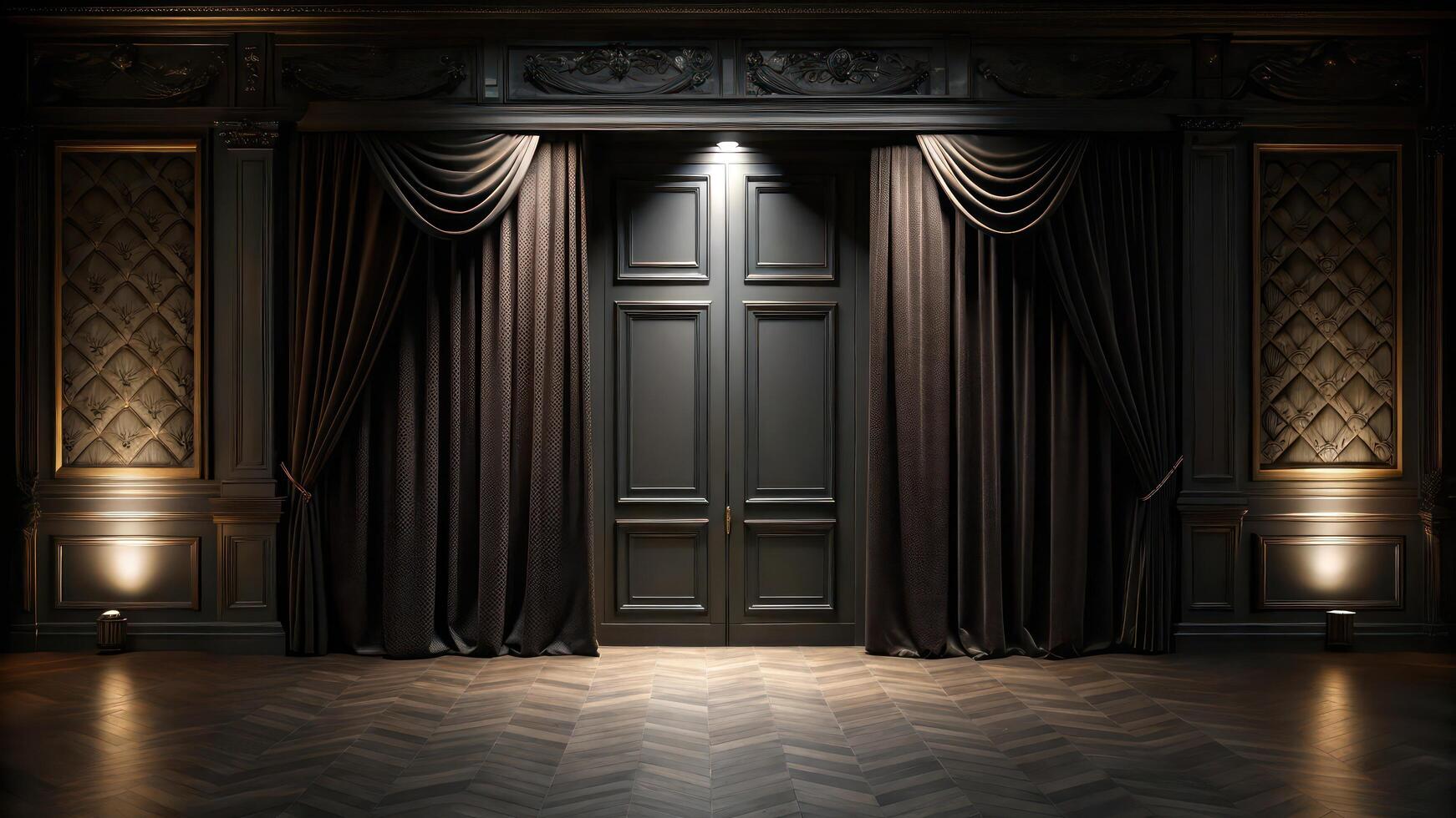 A room with dark curtains and a wooden floor photo