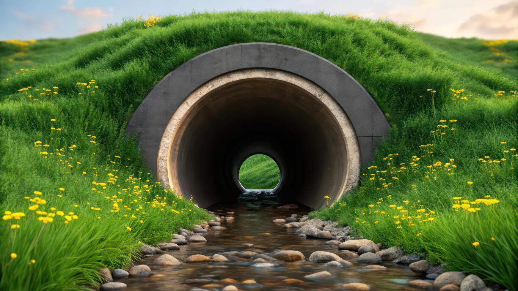 A tunnel with grass and flowers on the side photo