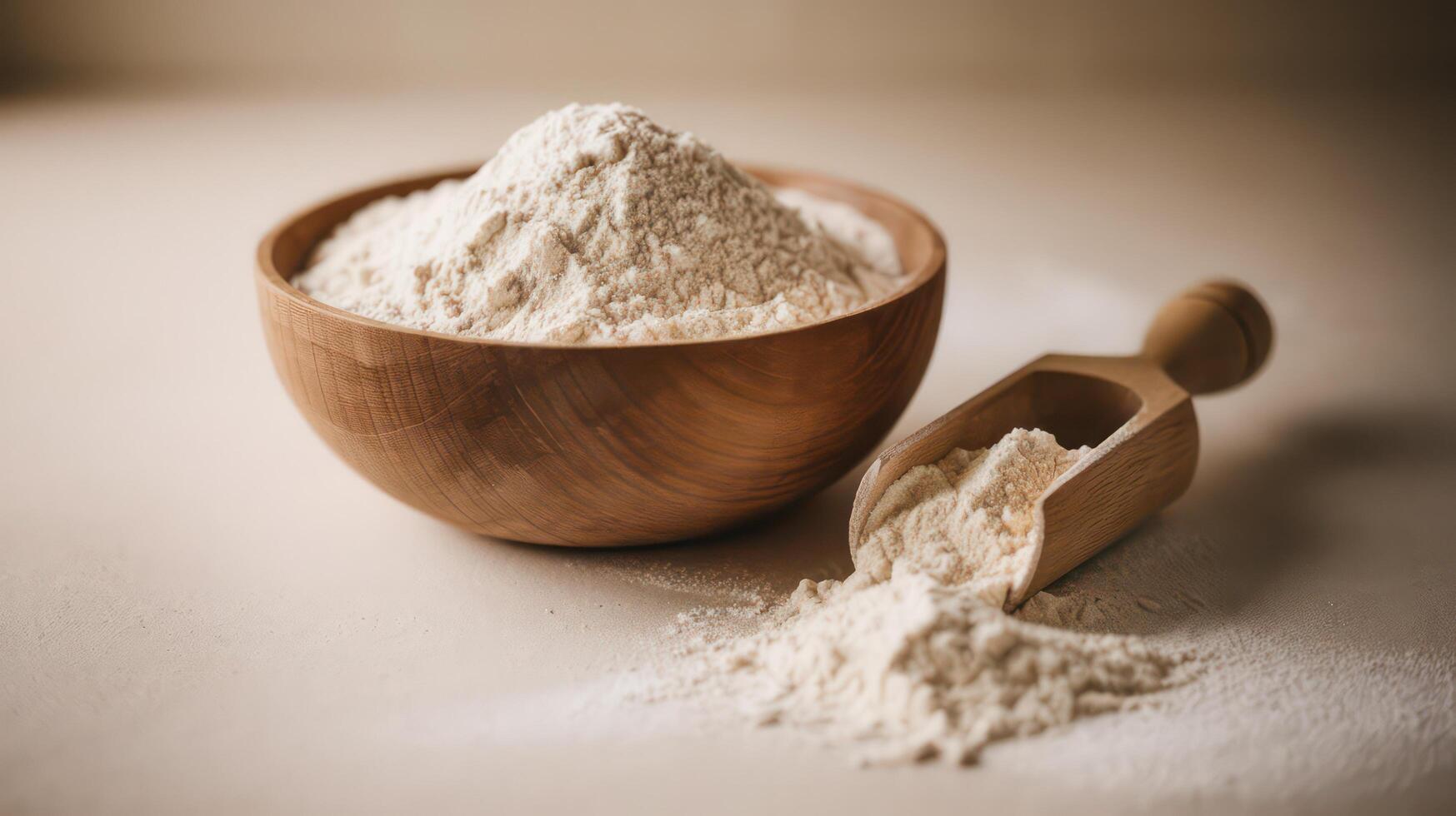 Flour in a wooden bowl and a wooden spoon on a table photo