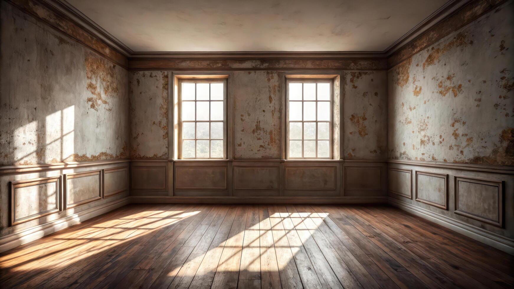 An empty room with wood floors and peeling paint photo