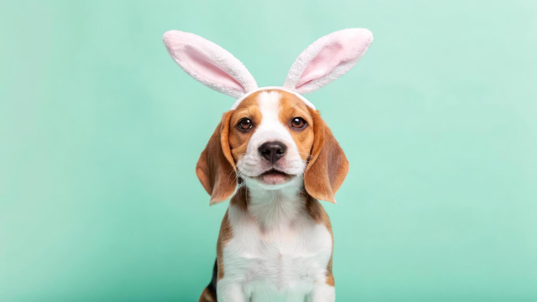 A beagle dog wearing bunny ears on a green background photo