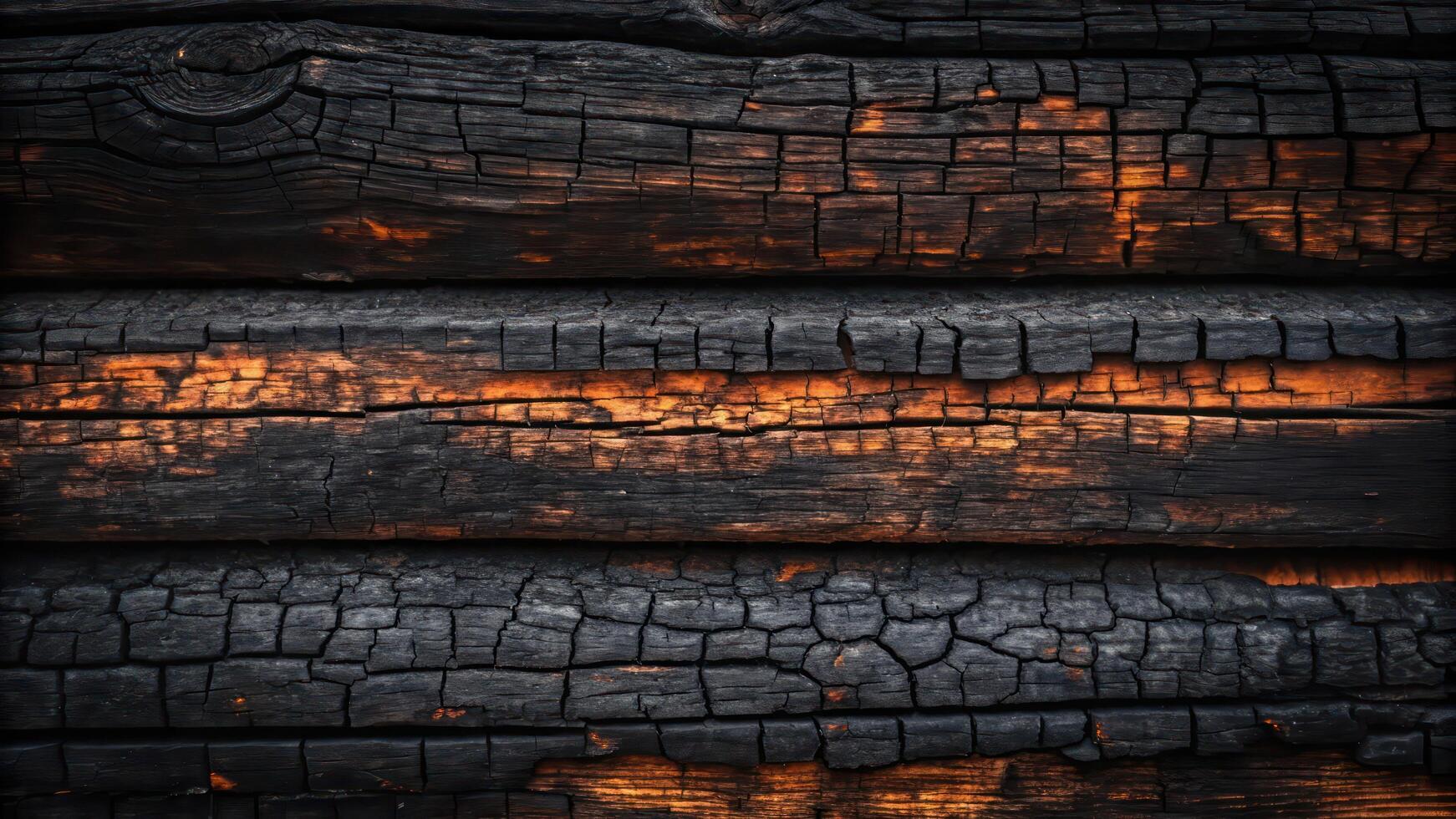 Black burnt wood background with orange flames photo