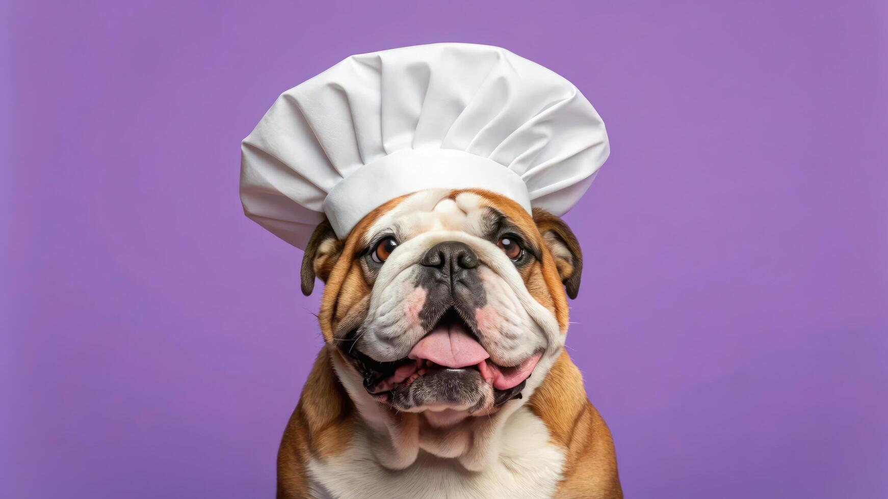 A bulldog wearing a chef hat on a purple background photo