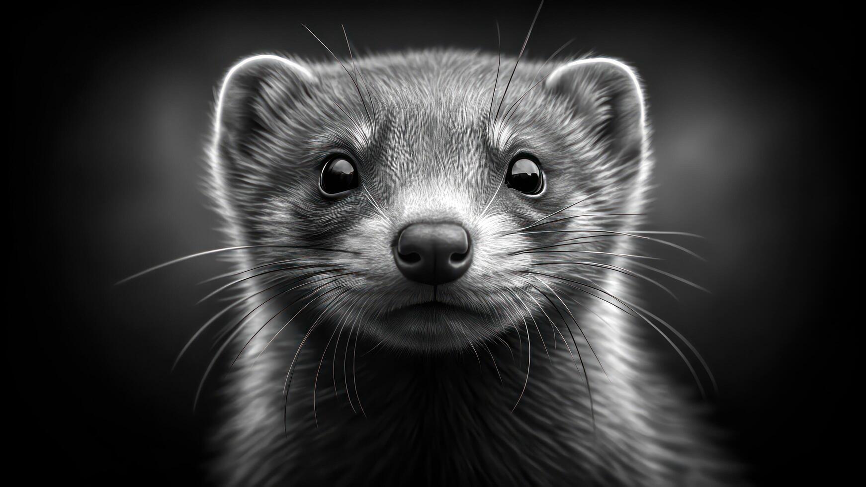 A black and white photo of a ferret