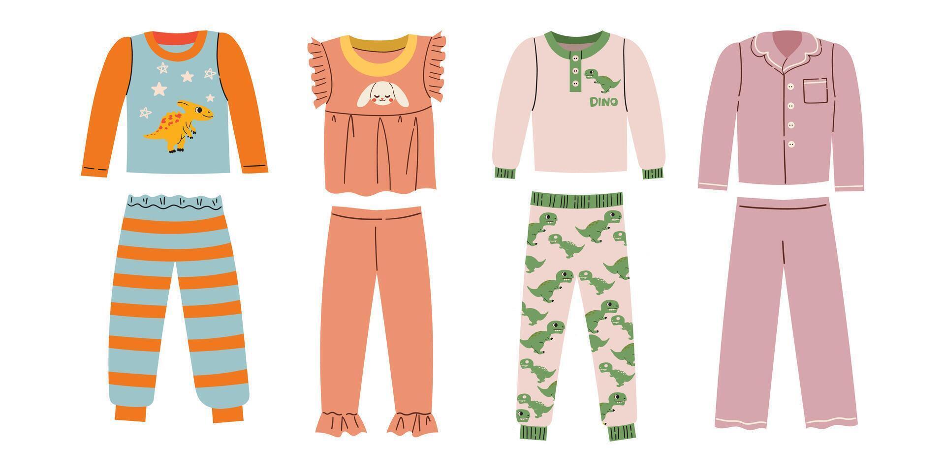 Set sleepwear for boys and girls pajamas, nightgowns, sleep suits . Hand drawn flat illustration isolate on white . vector