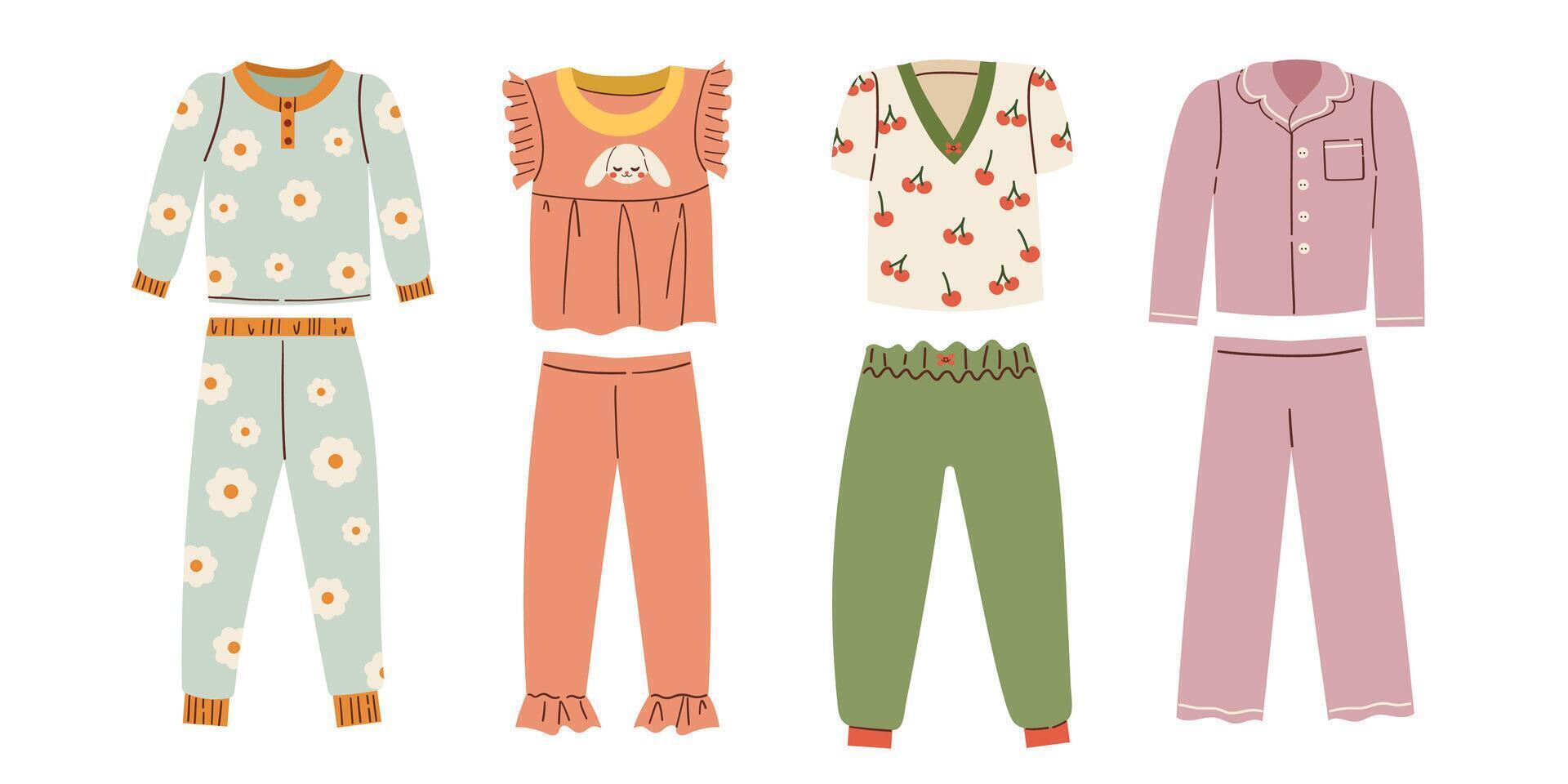 Set sleepwear for boys pajamas, nightgowns, sleep suits . Hand drawn flat illustration isolate on white . vector