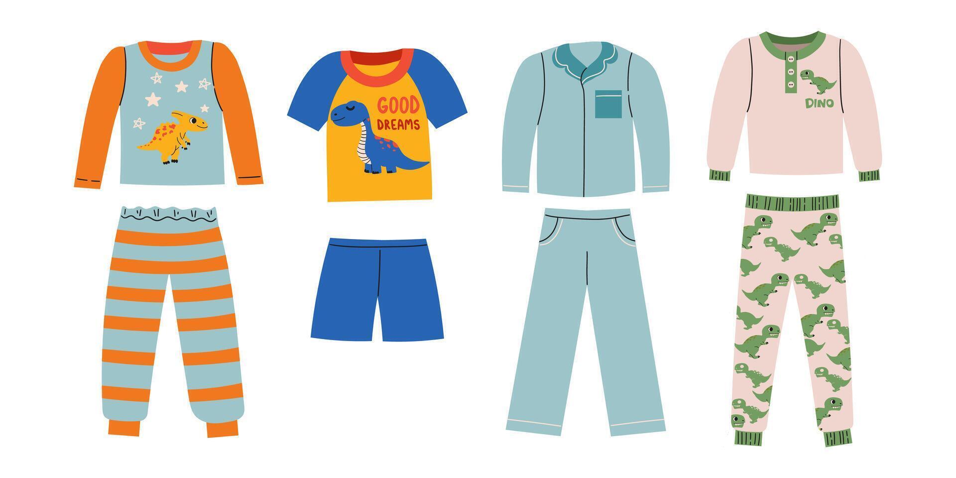Set sleepwear for boys pajamas, nightgowns, sleep suits for night. Hand drawn flat illustration isolate on white . vector