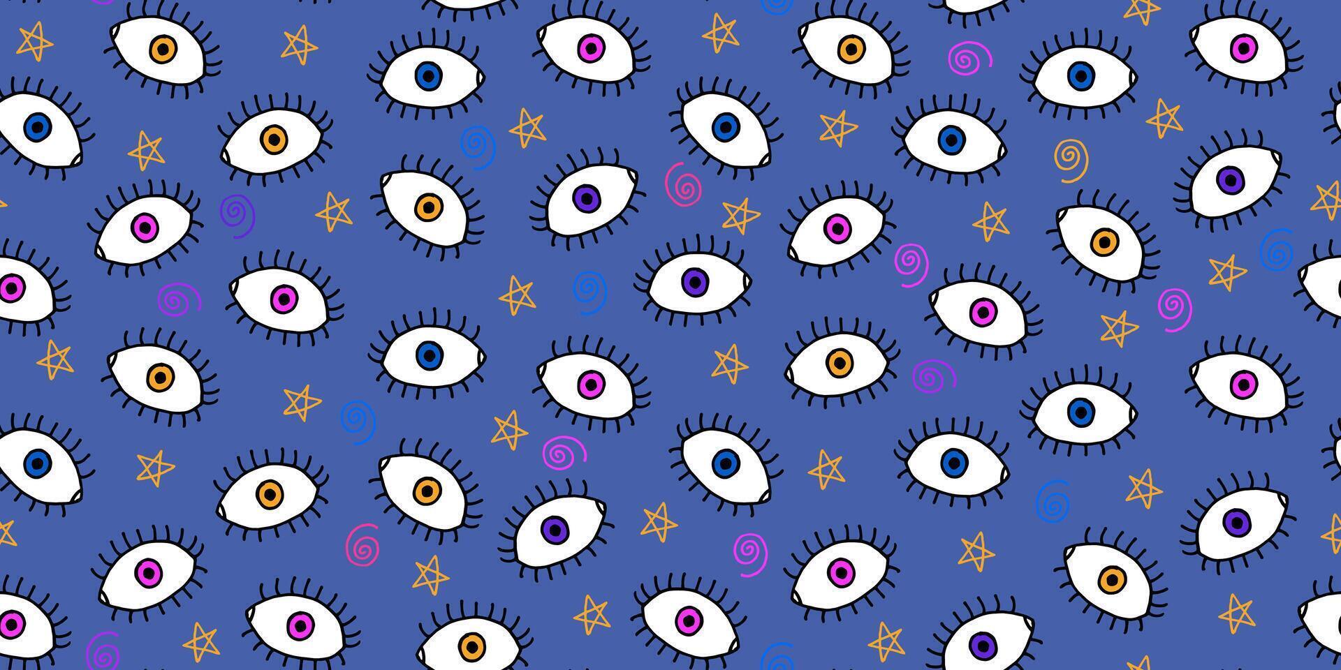 Seamless Pattern with Abstract Psihedelic Eyes with Grunge Effect and Hand Drawn Decorations. Retro creative background vector