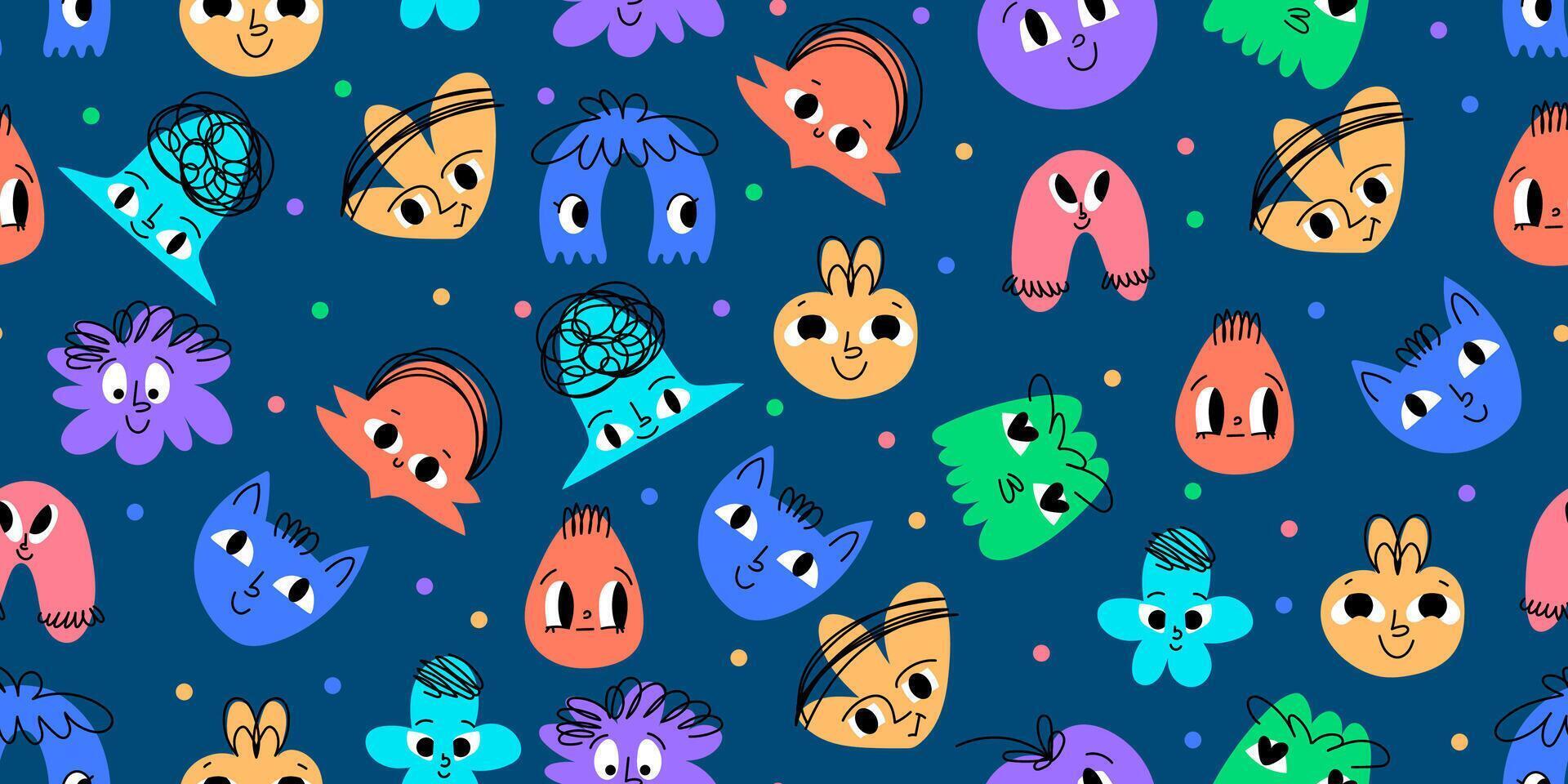 Colorful Doodle Abstract Geometrical Shapes of Blobs with Faces, Seamless Pattern. Hand drawn organic multicolored funny cartoon avatars. Happy decorative emoticons for kids vector