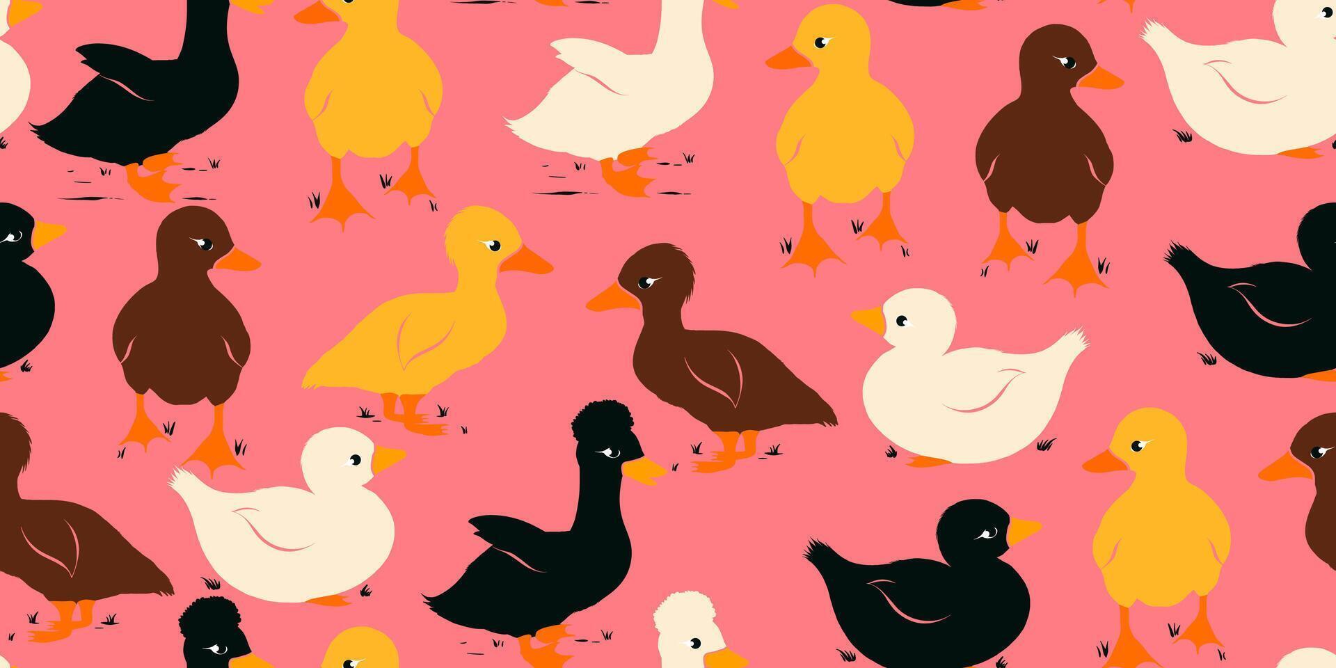 Cute ducks in Seamless Pattern. Farm ducks silhouettes hand drawn isolated on pink background. Black and white ducklings silhouettes, bird farm. vector