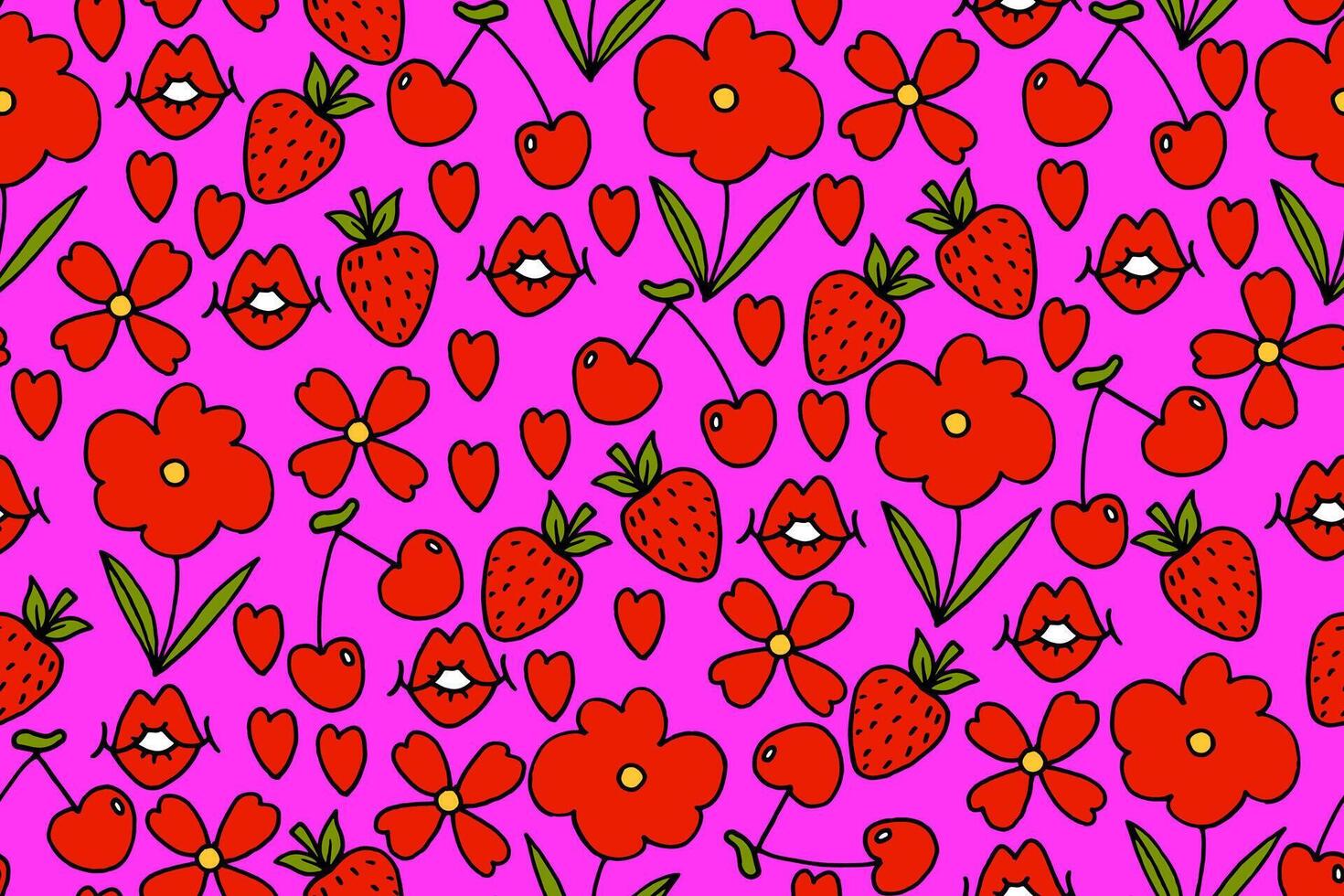 Cute Pink Seamless Pattern with Cherry, Strawberry, Hearts and Flowers in Hand Drawn Style. Retro creative repeatable background vector