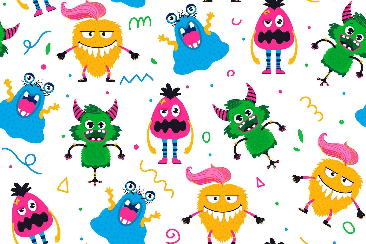 Cartoon Monster Seamless Pattern with Squiggle Lines. Cartoon monsters isolated. Cute kawaii cartoon scary funny baby character. Eyes, tongue, tooth fang, hands up. vector
