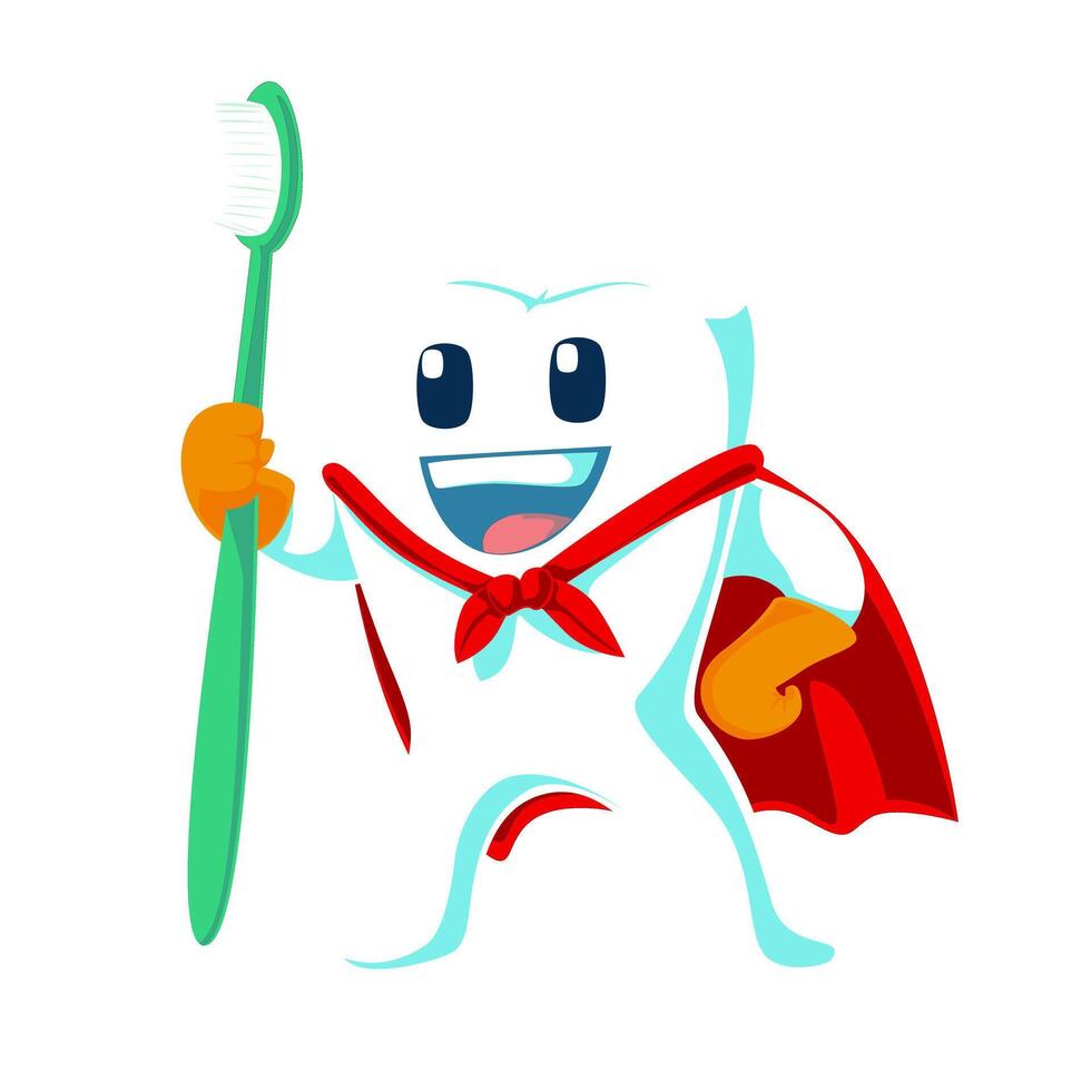 Illustration flat a tooth hero with cheerful face wearing red cape and holding toothbrush in knight pose vector