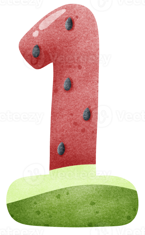 Watercolor cartoon doodle number 1 with watermelon pattern, number hand drawn png
