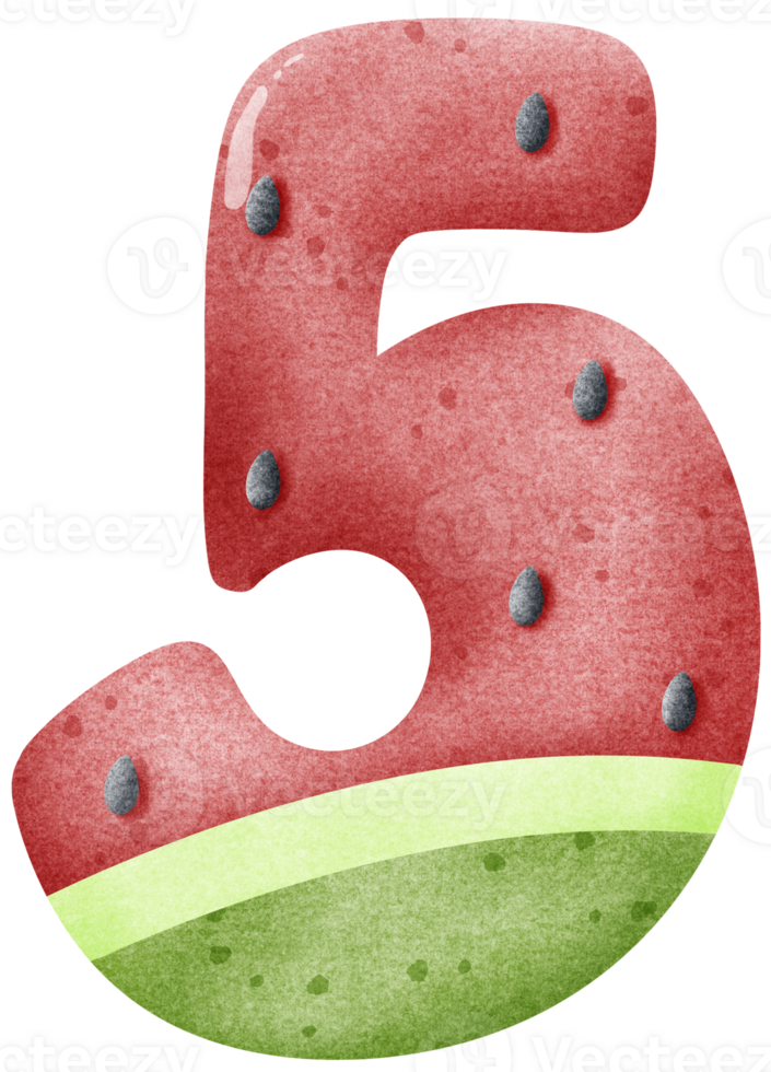 Watercolor cartoon doodle number 5 with watermelon pattern, number hand drawn png
