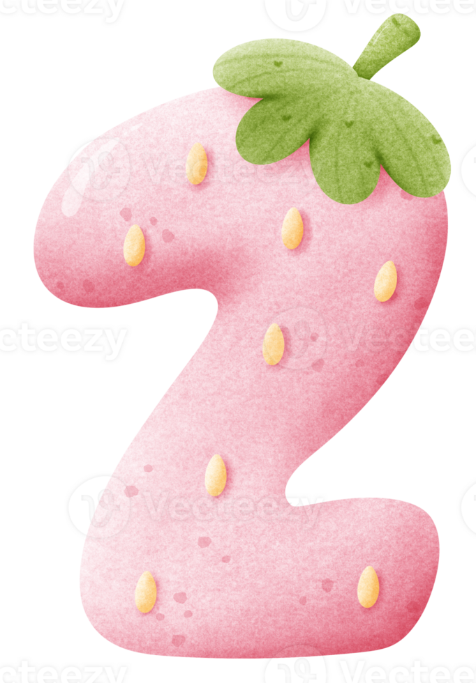 Cute strawberry cartoon font number 2, watercolor strawberry cartoon number two for kids, worksheet, template png
