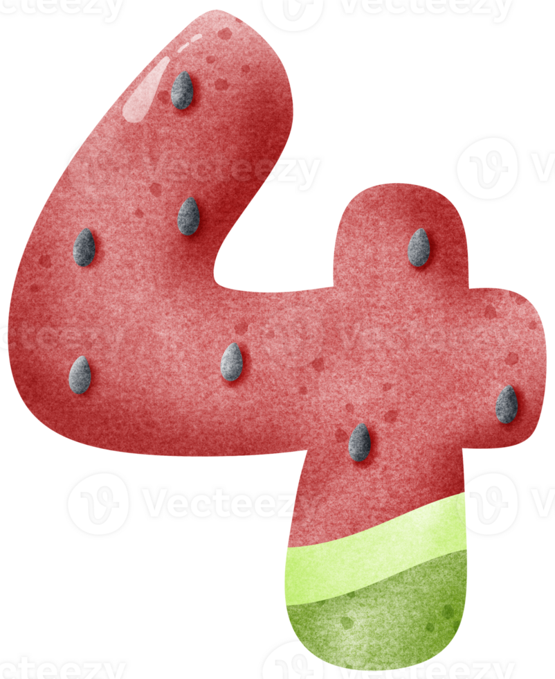 Watercolor cartoon doodle number 4 with watermelon pattern, number hand drawn png