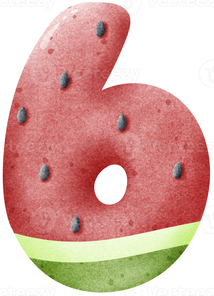 Watercolor cartoon doodle number 6 with watermelon pattern, number hand drawn png