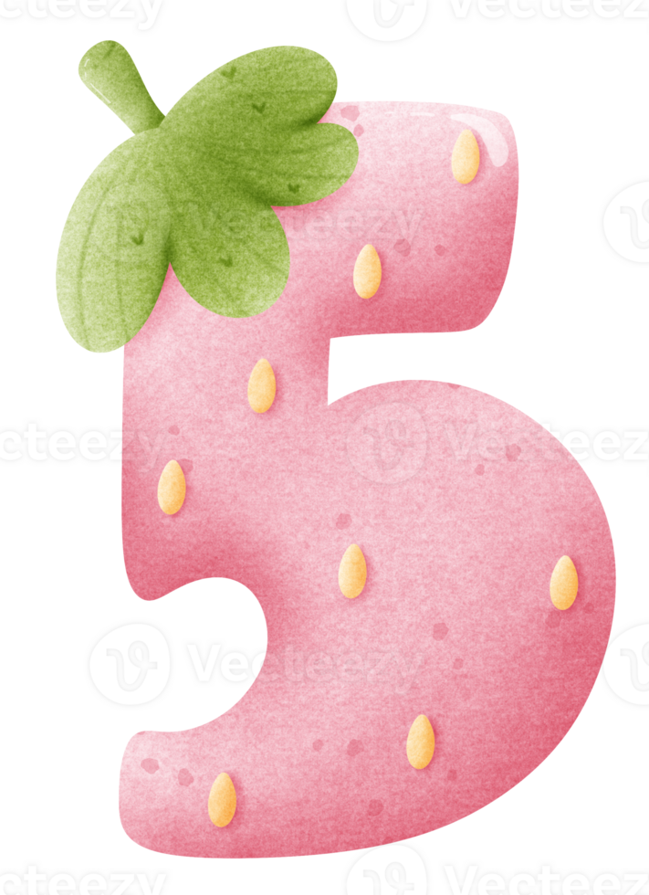 Cute strawberry cartoon font number 5, watercolor strawberry cartoon number five for kids, worksheet, template png