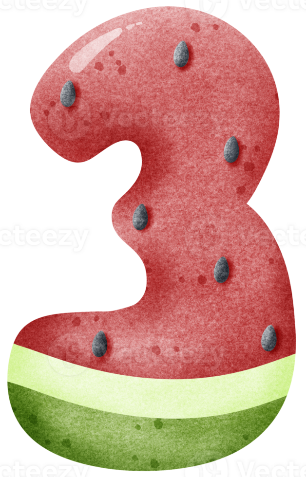 Watercolor cartoon doodle number 3 with watermelon pattern, number hand drawn png