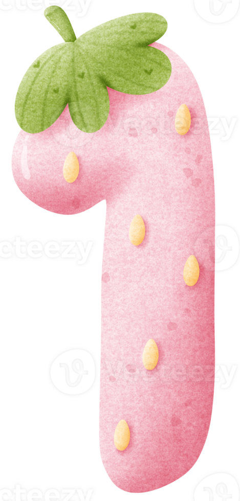 Cute strawberry cartoon font number 1, watercolor strawberry cartoon number one for kids, worksheet, template png
